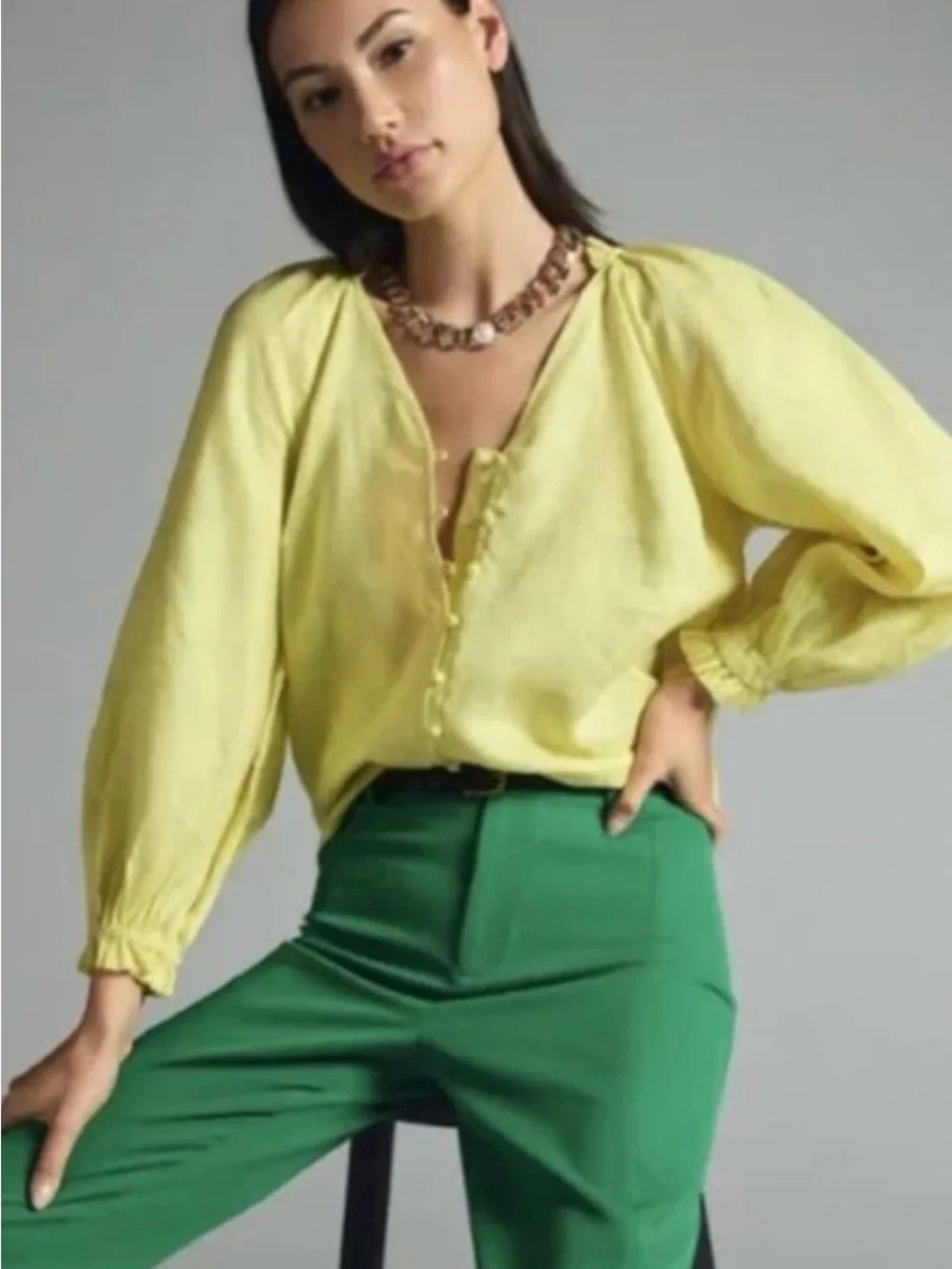 Anthropologie Maeve Linen Pale Yellow Button-Front V-Neck Blouse - Picture 2 of 10